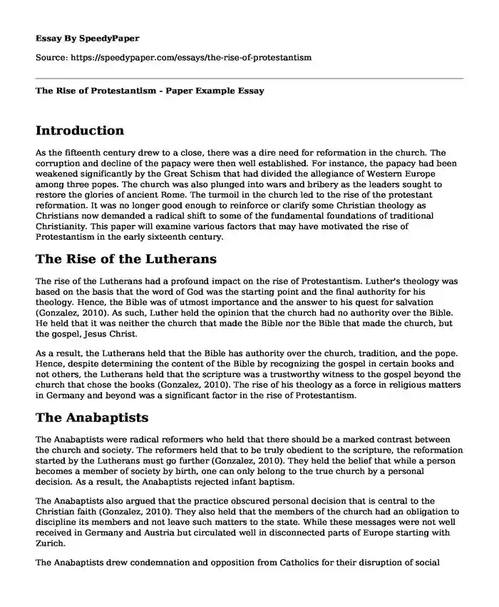 The Rise of Protestantism - Paper Example
