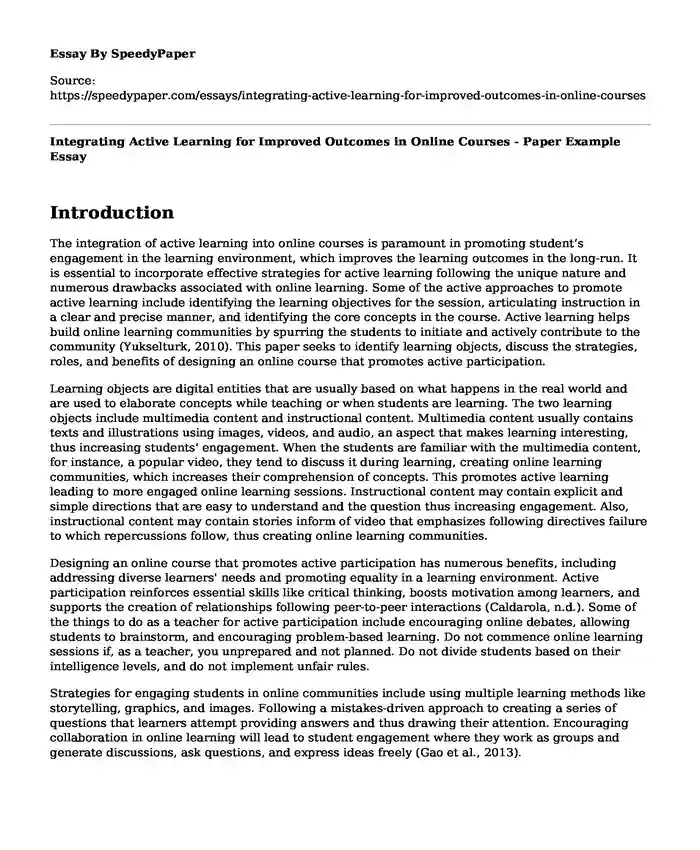 Integrating Active Learning for Improved Outcomes in Online Courses - Paper Example