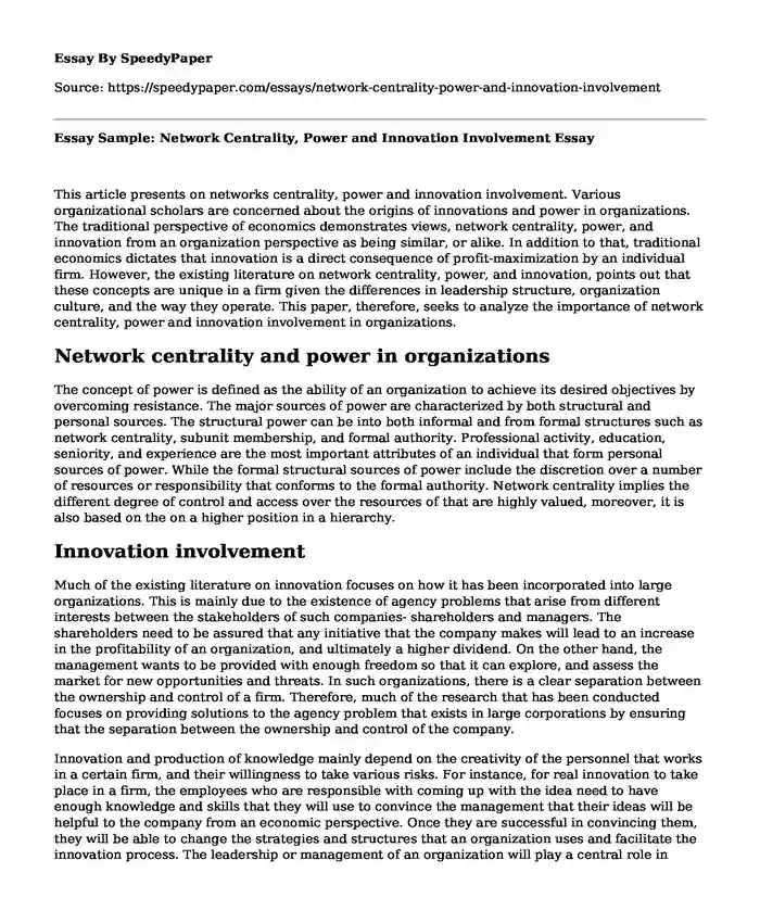Essay Sample: Network Centrality, Power and Innovation Involvement