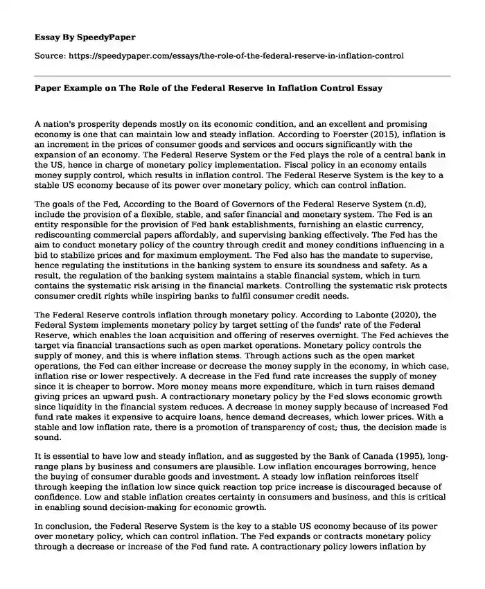 Paper Example on The Role of the Federal Reserve in Inflation Control