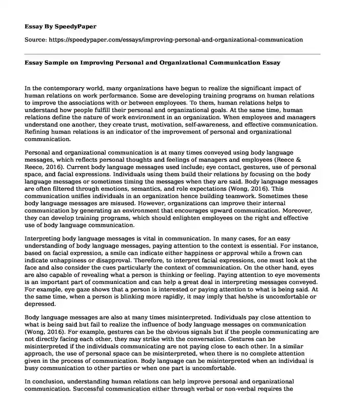 Essay Sample on Improving Personal and Organizational Communication