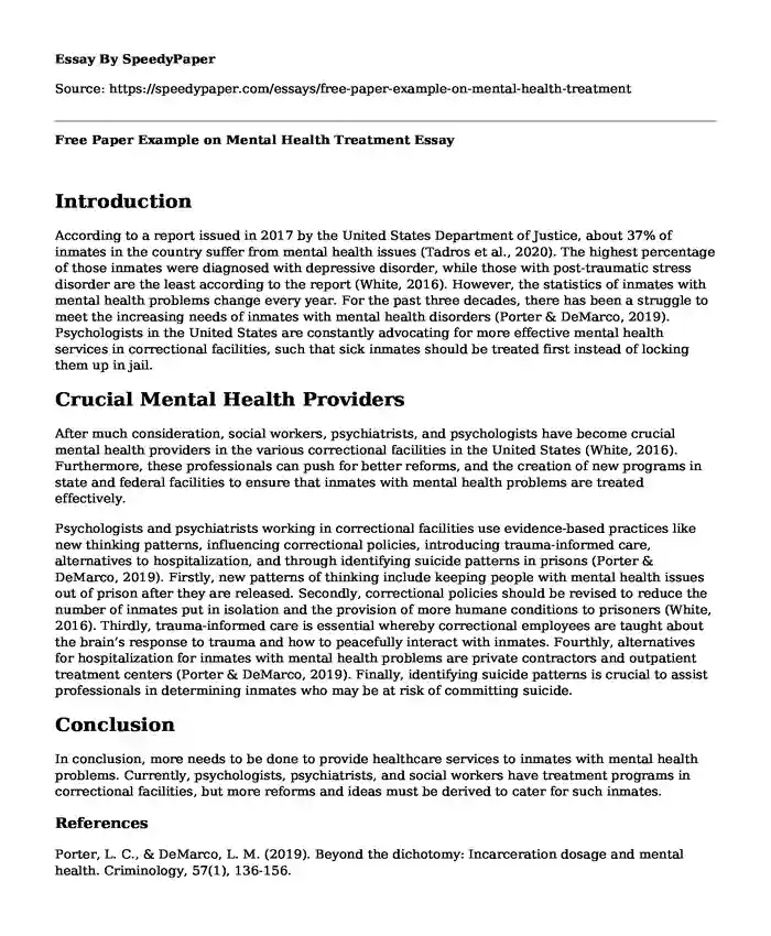 Free Paper Example on Mental Health Treatment
