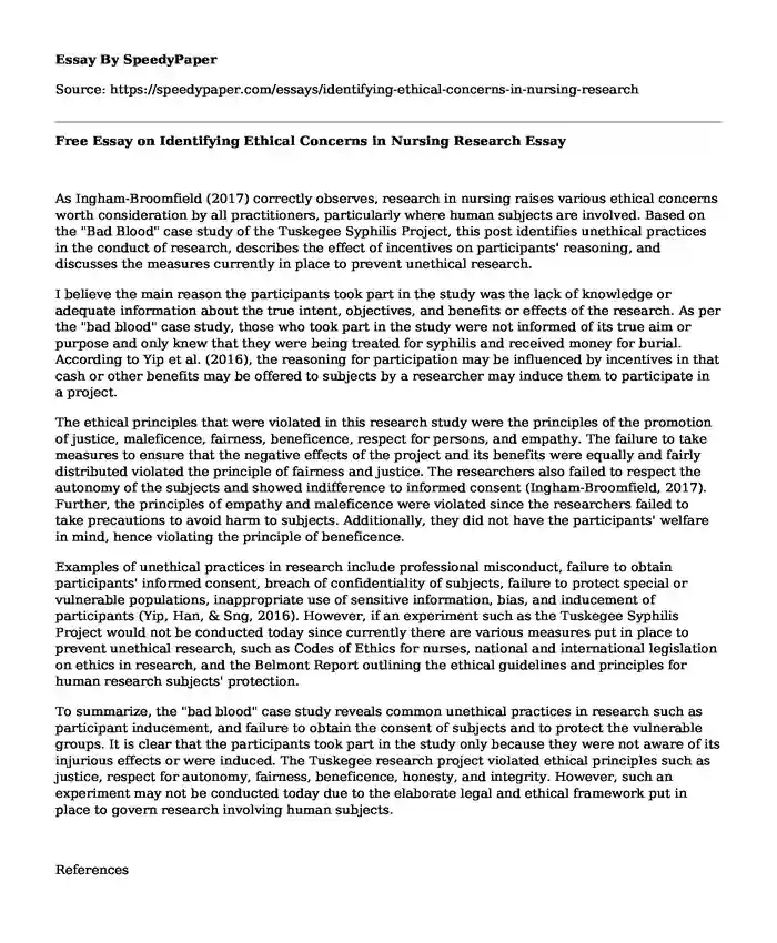 Free Essay on Identifying Ethical Concerns in Nursing Research