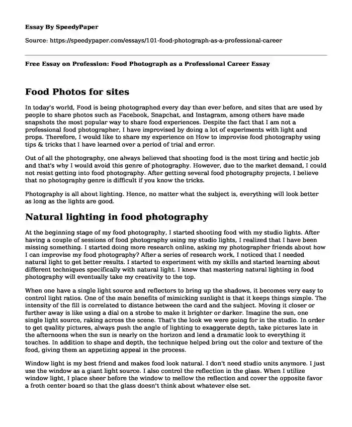 Free Essay on Profession: Food Photograph as a Professional Career