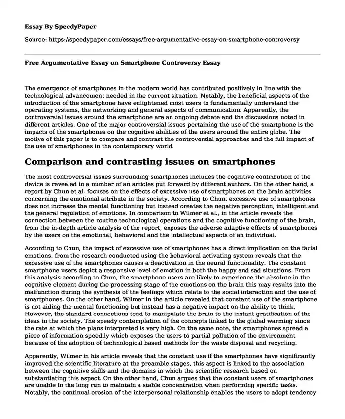 Free Argumentative Essay on Smartphone Controversy