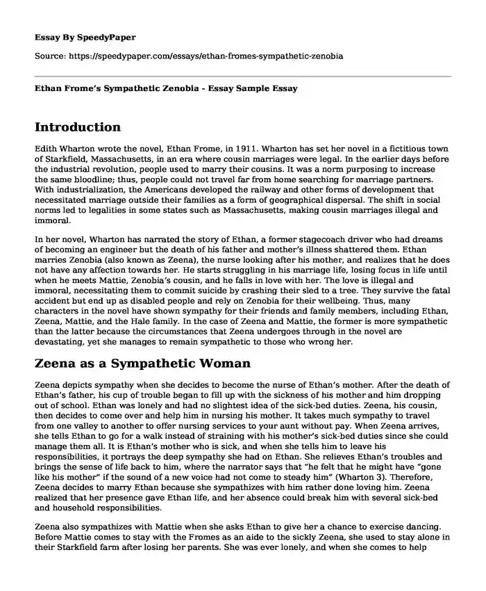 Ethan Frome's Sympathetic Zenobia - Essay Sample