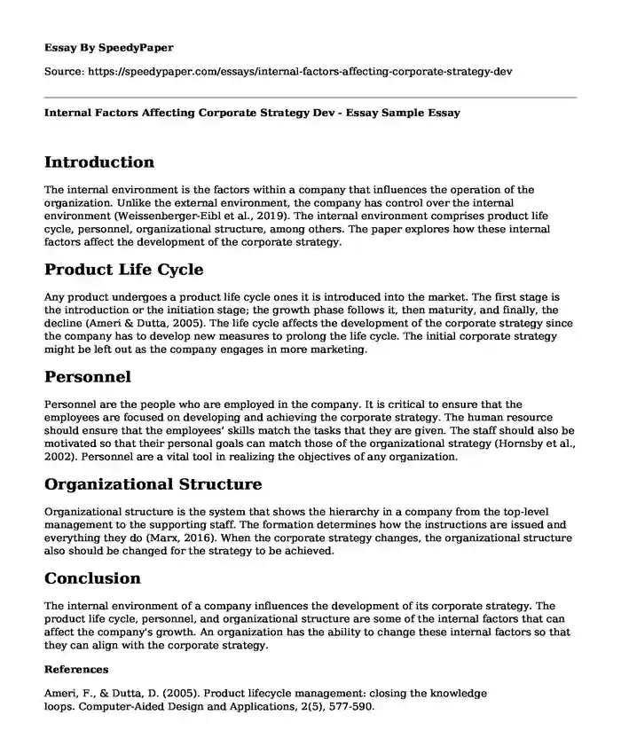 Internal Factors Affecting Corporate Strategy Dev - Essay Sample