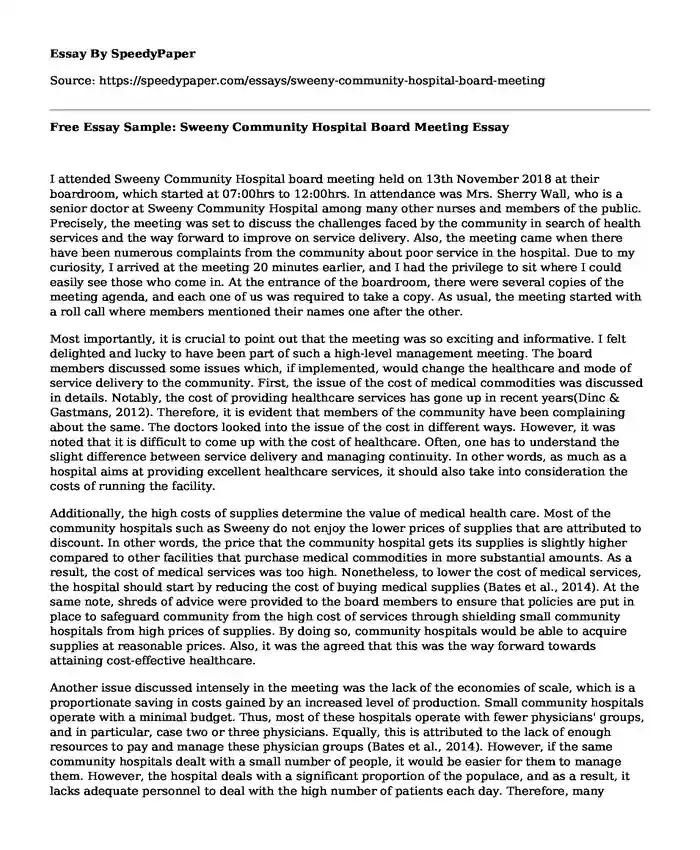 Free Essay Sample: Sweeny Community Hospital Board Meeting