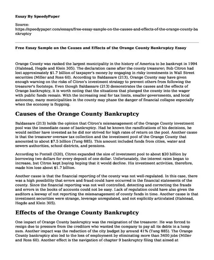 Free Essay Sample on the Causes and Effects of the Orange County Bankruptcy