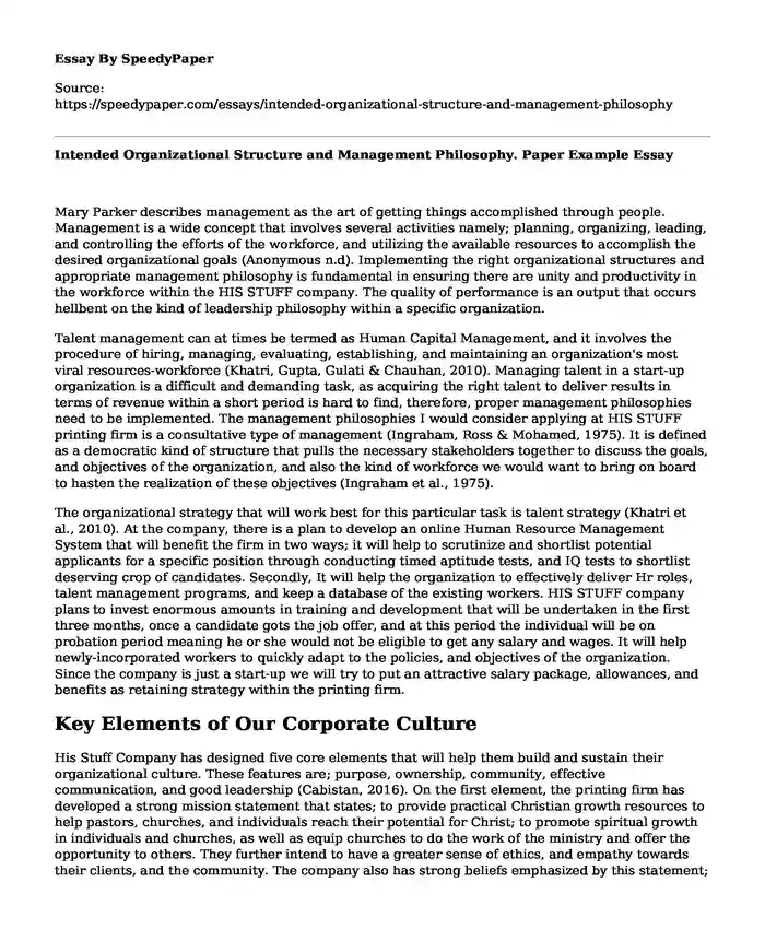 Intended Organizational Structure and Management Philosophy. Paper Example