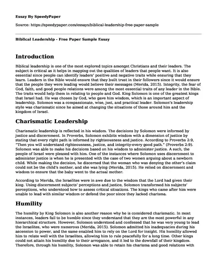 Biblical Leadership - Free Paper Sample