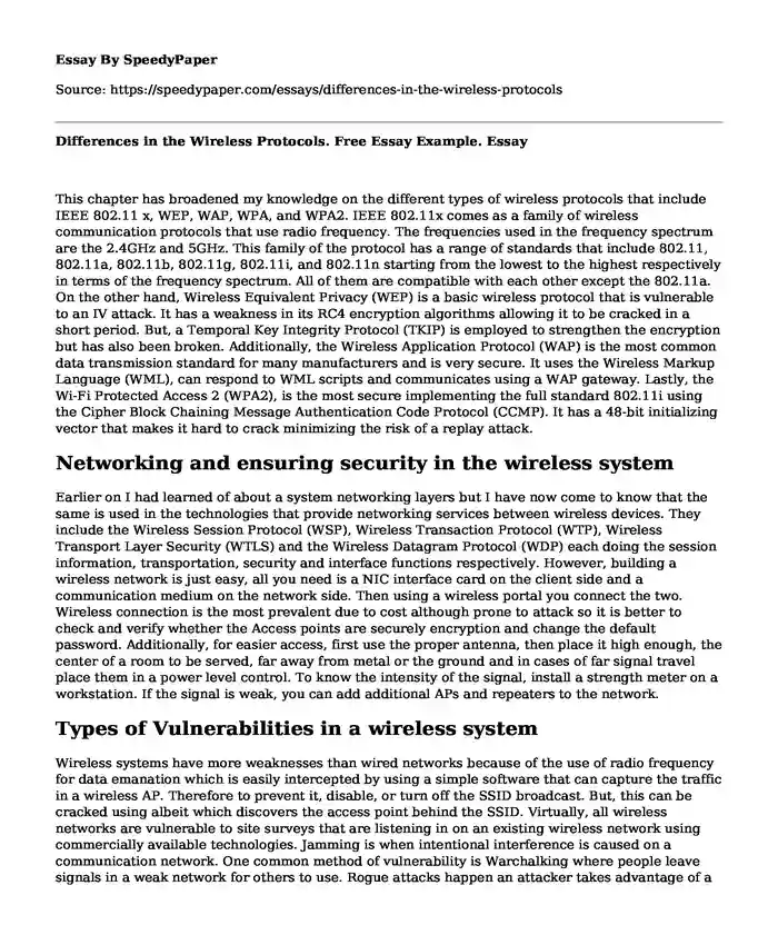 Differences in the Wireless Protocols. Free Essay Example.