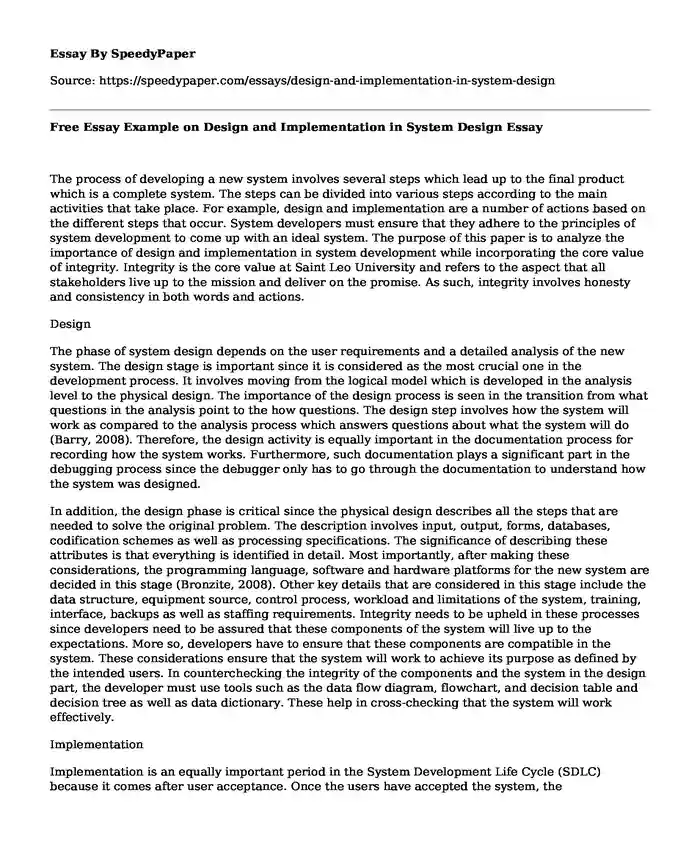 Free Essay Example on Design and Implementation in System Design