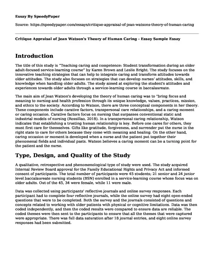 Critique Appraisal of Jean Watson's Theory of Human Caring - Essay Sample