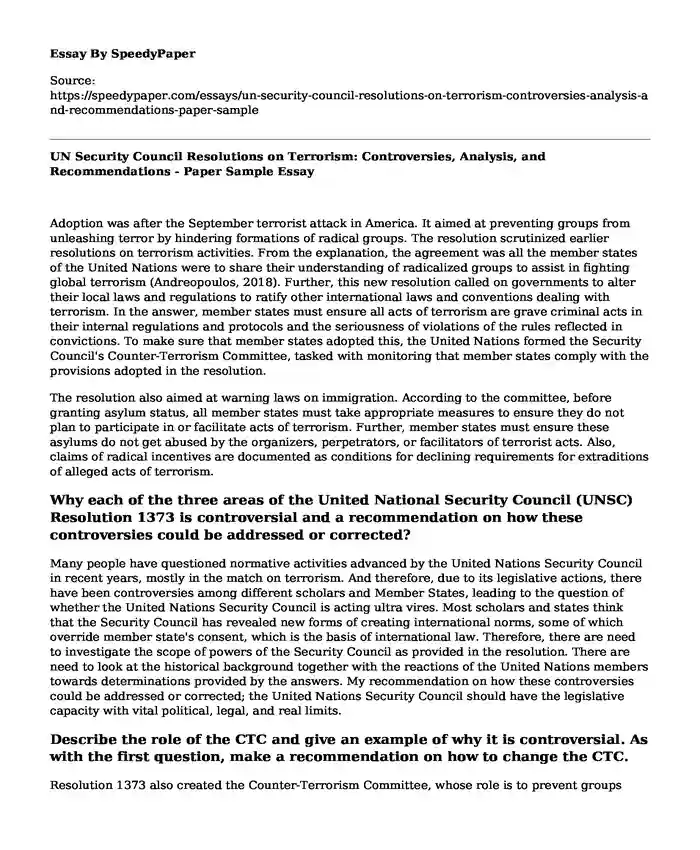UN Security Council Resolutions on Terrorism: Controversies, Analysis, and Recommendations - Paper Sample