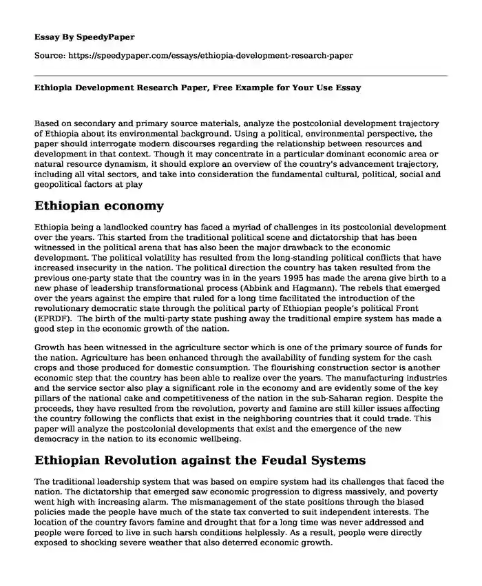 Ethiopia Development Research Paper, Free Example for Your Use