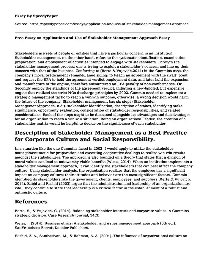 Free Essay on Application and Use of Stakeholder Management Approach