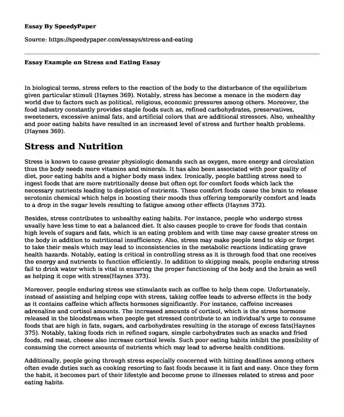 Essay Example on Stress and Eating