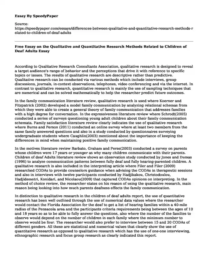 Free Essay on the Qualitative and Quantitative Research Methods Related to Children of Deaf Adults