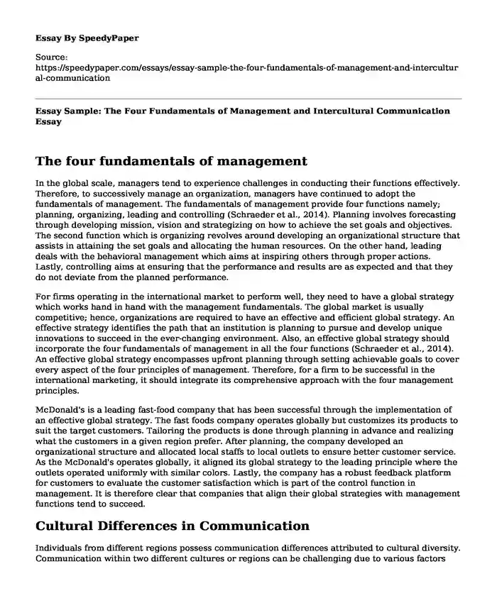 Essay Sample: The Four Fundamentals of Management and Intercultural Communication