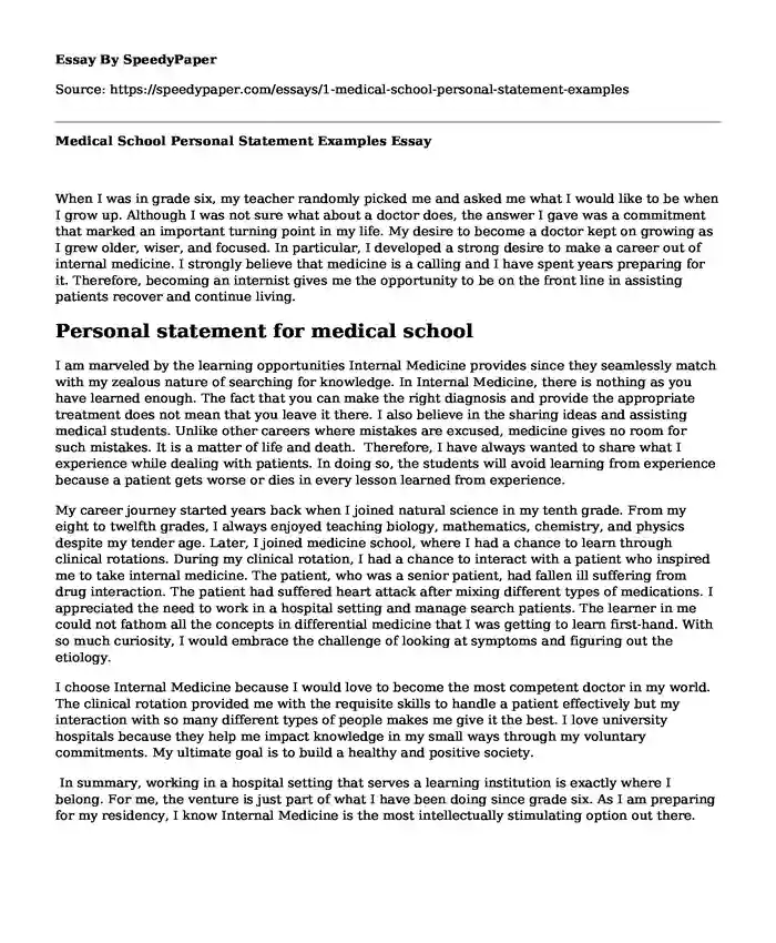 Medical School Personal Statement Examples