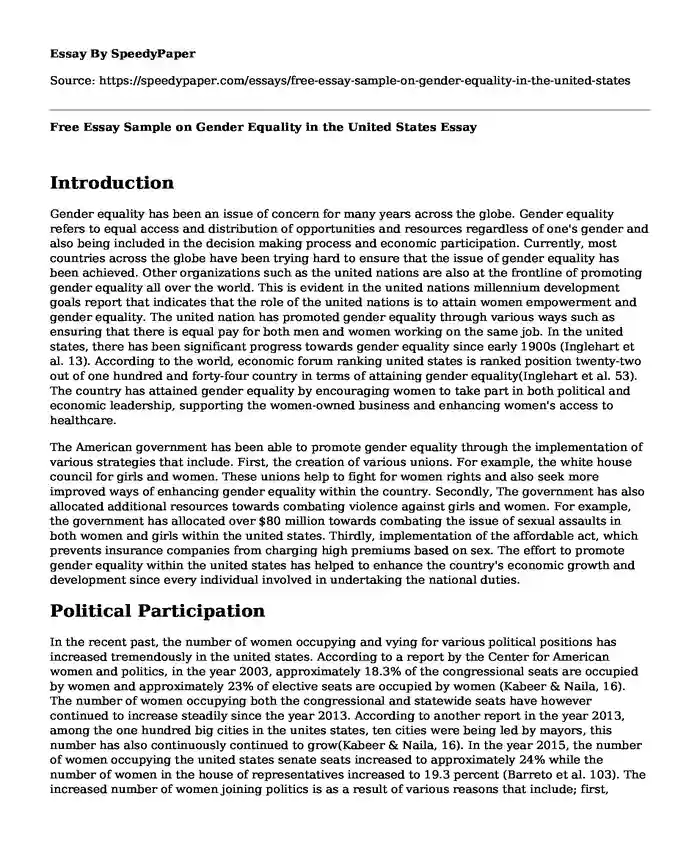 Free Essay Sample on Gender Equality in the United States