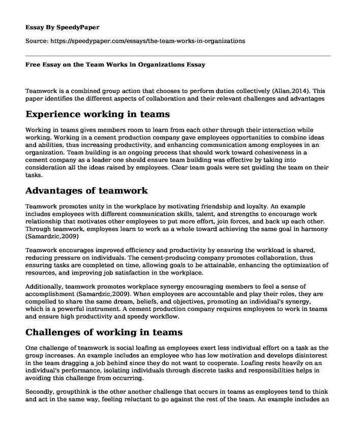 Free Essay on the Team Works in Organizations