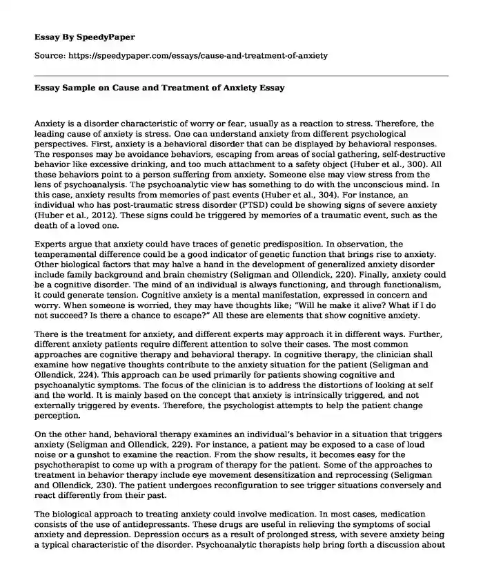 Essay Sample on Cause and Treatment of Anxiety