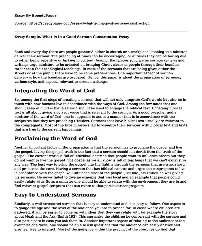 Essay Sample. What Is in a Good Sermon Construction