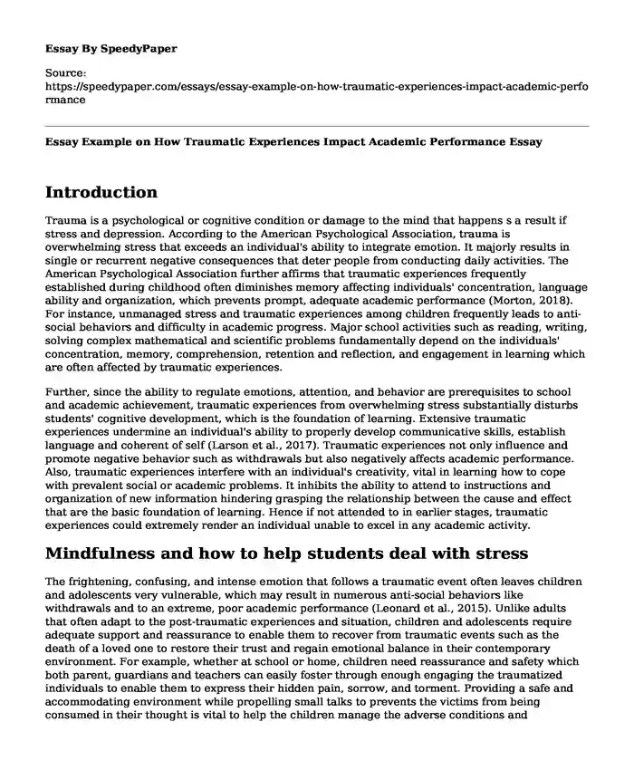 Essay Example on How Traumatic Experiences Impact Academic Performance