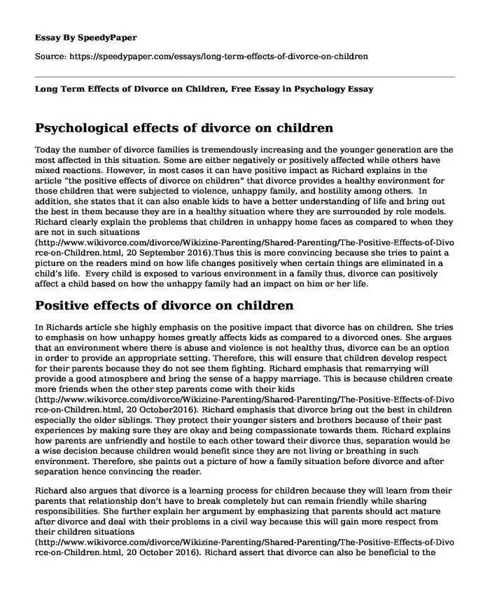 Long Term Effects of Divorce on Children, Free Essay in Psychology