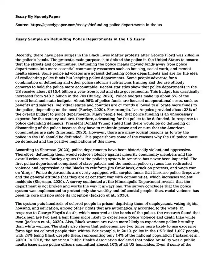 Essay Sample on Defunding Police Departments in the US