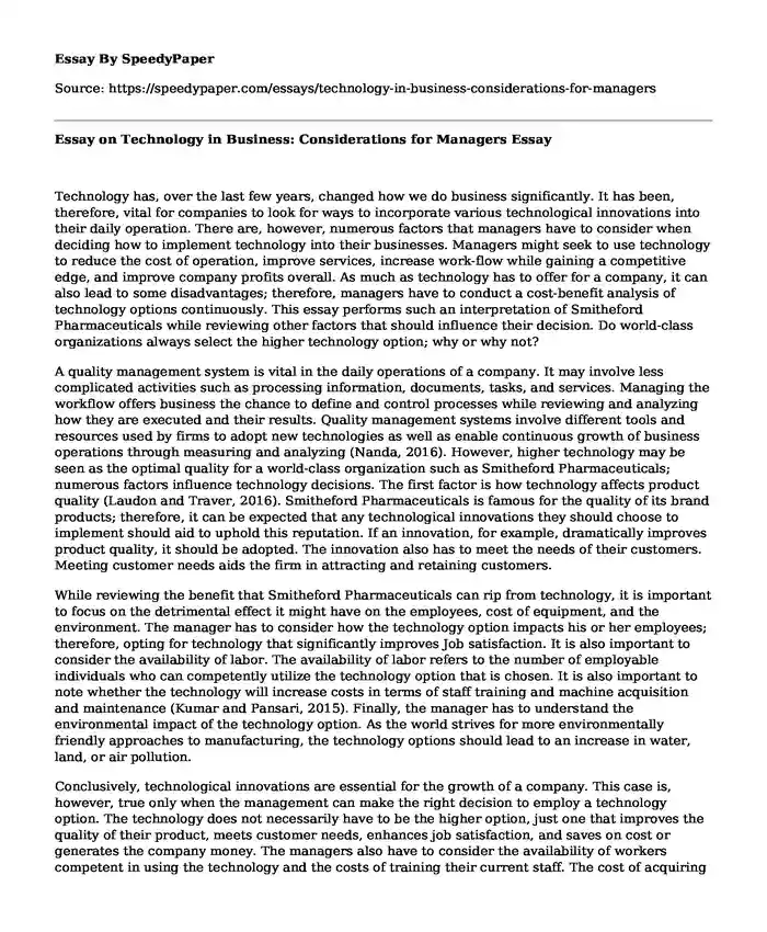 Essay on Technology in Business: Considerations for Managers