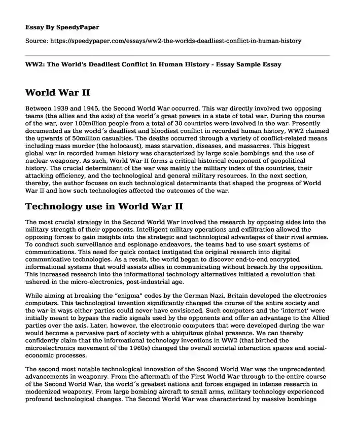 WW2: The World's Deadliest Conflict in Human History - Essay Sample