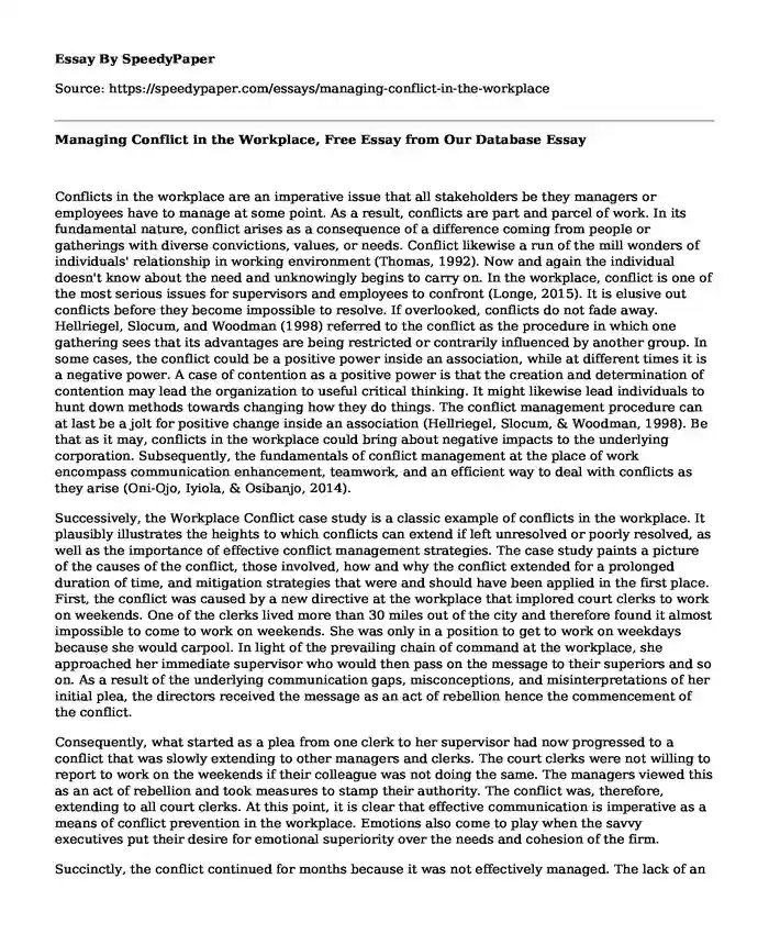 Managing Conflict in the Workplace, Free Essay from Our Database