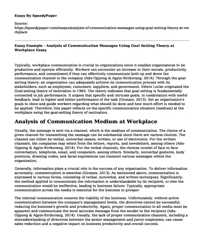Essay Example - Analysis of Communication Messages Using Goal Setting Theory at Workplace