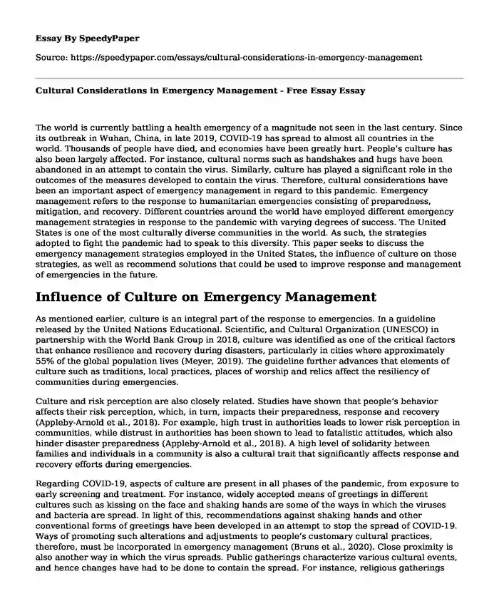 Cultural Considerations in Emergency Management - Free Essay