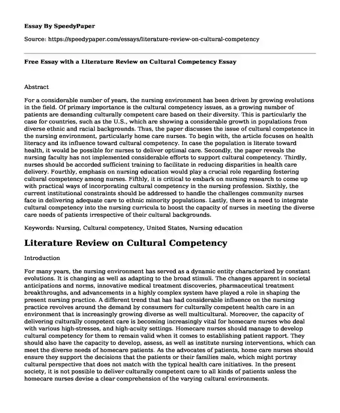 Free Essay with a Literature Review on Cultural Competency