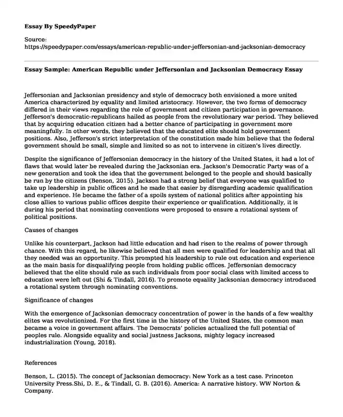 Essay Sample: American Republic under Jeffersonian and Jacksonian Democracy