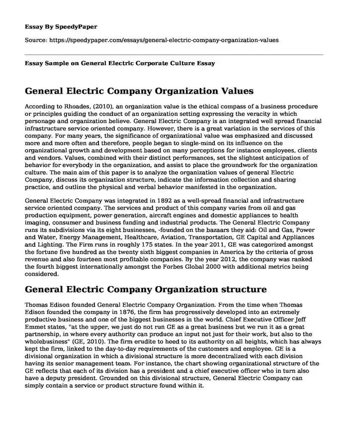 Essay Sample on General Electric Corporate Culture