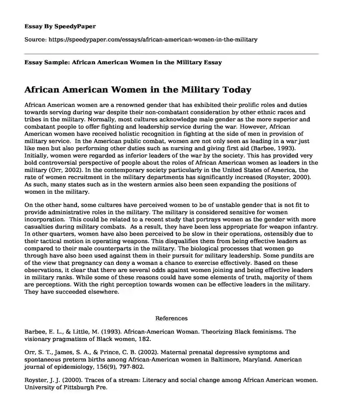 Essay Sample: African American Women in the Military