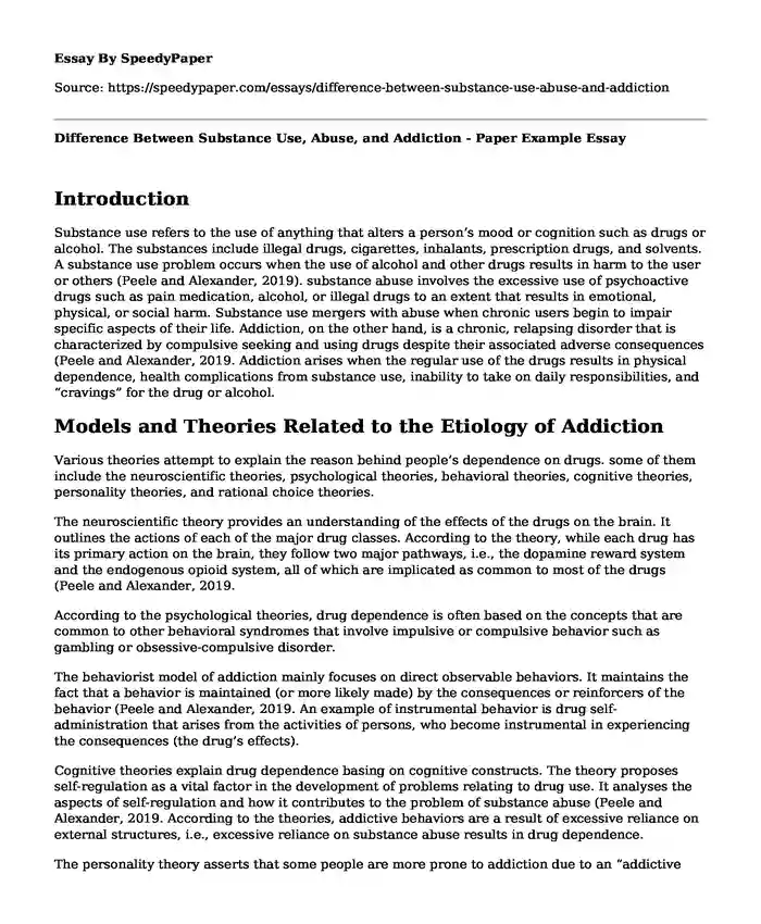 Difference Between Substance Use, Abuse, and Addiction - Paper Example