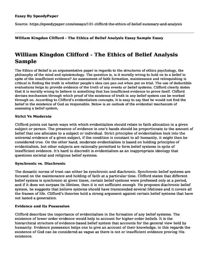 William Kingdon Clifford - The Ethics of Belief Analysis Essay Sample