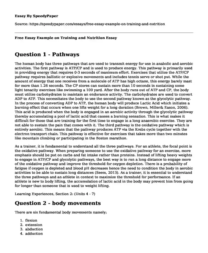 Free Essay Example on Training and Nutrition