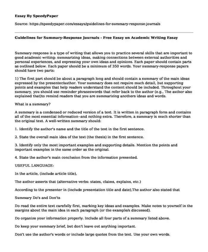 Guidelines for Summary-Response Journals - Free Essay on Academic Writing