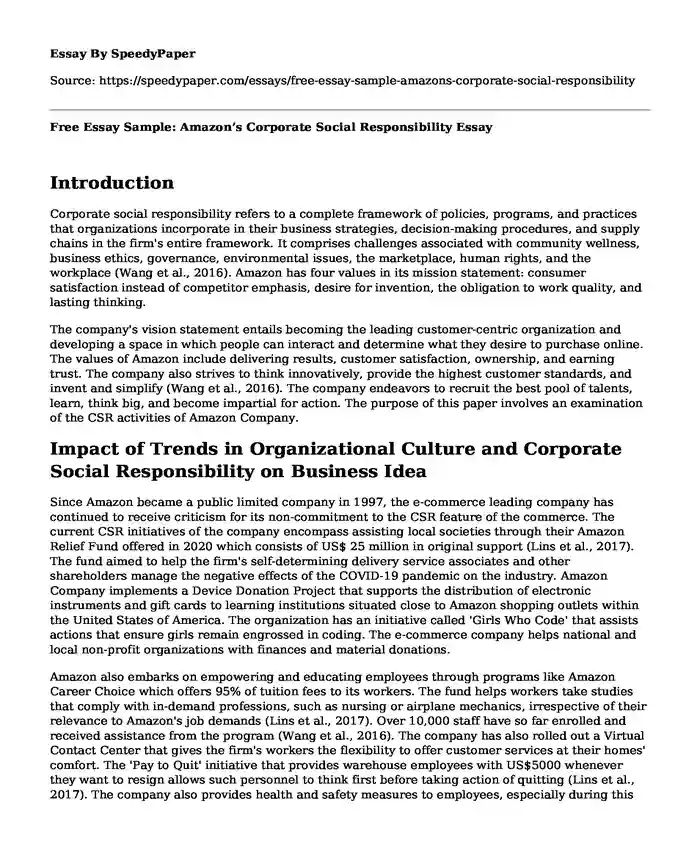 Free Essay Sample: Amazon's Corporate Social Responsibility