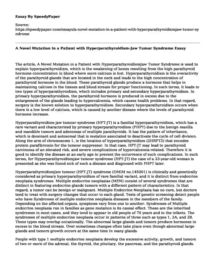 A Novel Mutation in a Patient with Hyperparathyroidism-Jaw Tumor Syndrome