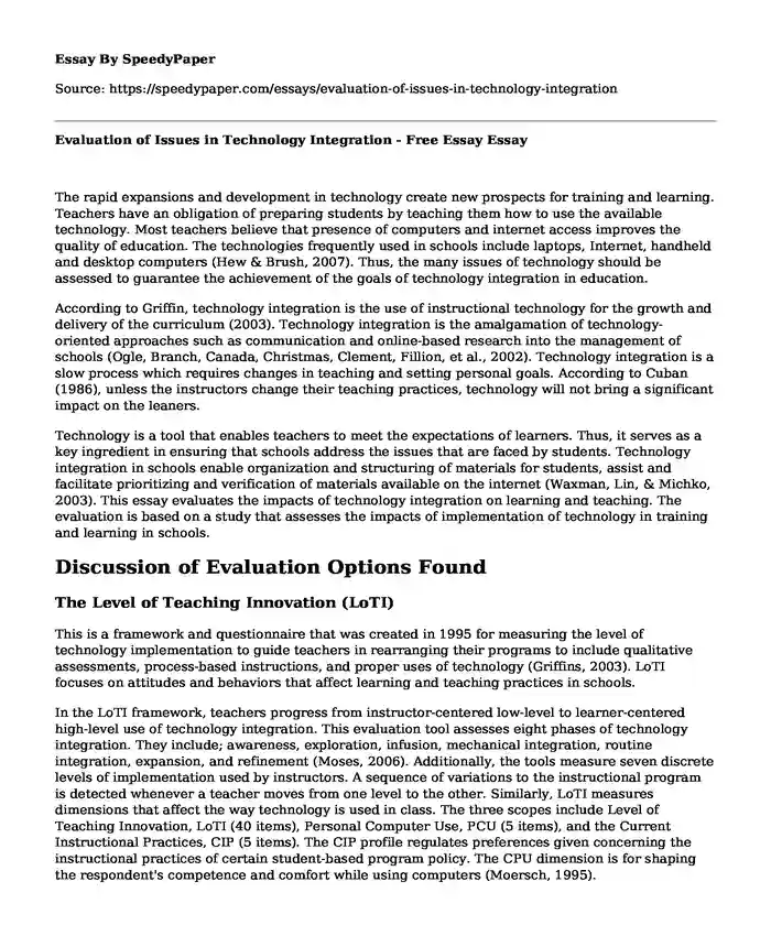 Evaluation of Issues in Technology Integration - Free Essay