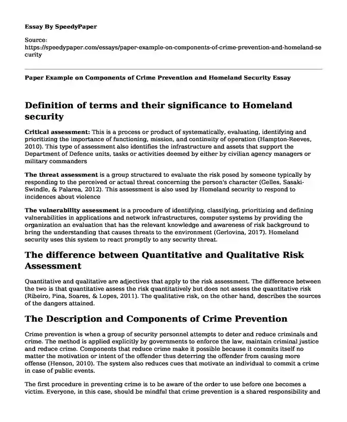 Paper Example on Components of Crime Prevention and Homeland Security