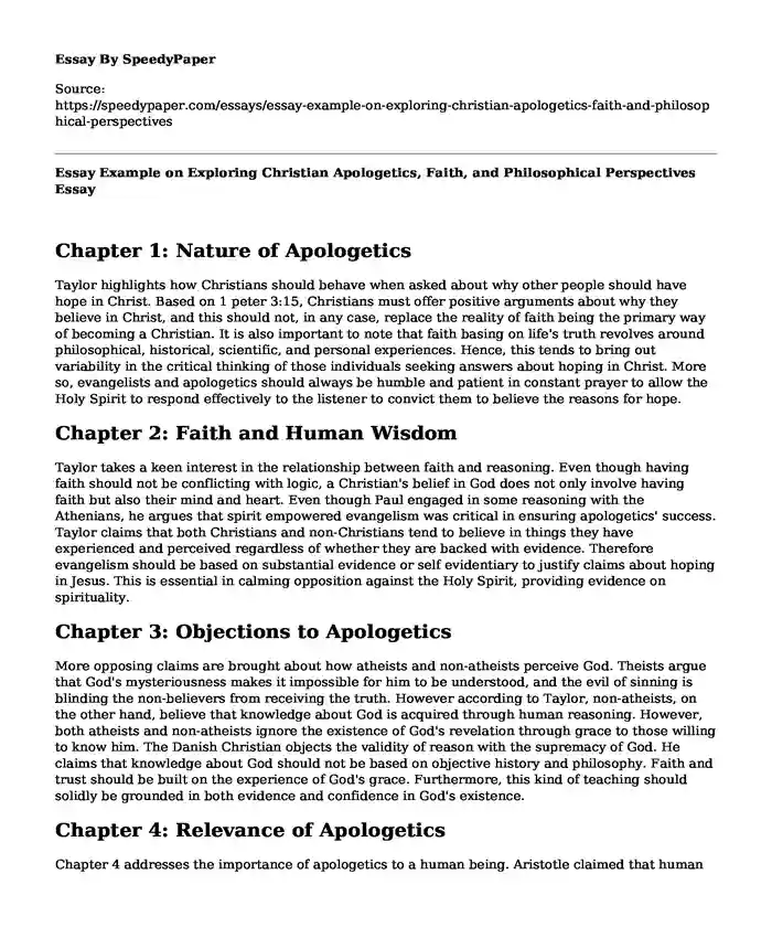 Essay Example on Exploring Christian Apologetics, Faith, and Philosophical Perspectives